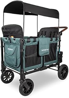 WONDERFOLD W4 Luxe Quad Stroller Wagon Featuring 4 High Face-to-Face Seats with Magnetic Buckle 5-Point Harnesses and Adjustable/Removable UV-Protection Canopy, Hunter Green