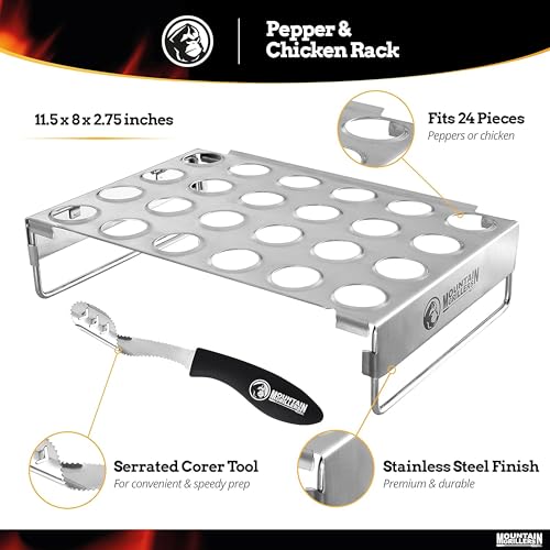 MOUNTAIN GRILLERS Jalapeno Popper Holder for Grill with Corer - Large 24 Hole Pepper Rack and Tray with Core Tool - Perfect Popper Griller & Cooker - Dishwasher & Oven Safe pepper corer tool