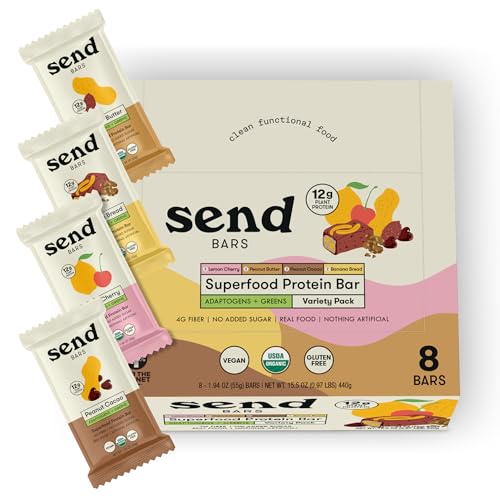 SEND Bars Organic Plant Based Vegan Healthy Protein Bars with Greens (Organic Variety Box 8 Bars) Only Real Food Ingredients No Added Sugar Gluten Free Dairy Free Non-GMO Healthy Snacks