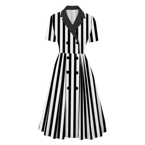 Women's Vintage Double-Breasted Dress Short Sleeve Button Front A-Line Dress