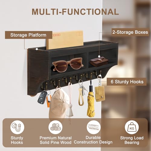 Image of Key Holder Wall Mount - Mail Organizer Wall Mount with 6 Key Hooks and Storage Box for Sunglasses Storage and Dog Leash Holder Home Decor Rack Apartment Farmhouse Shelf Entryway Organizer (Black)