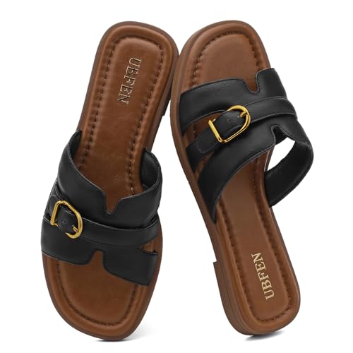 Image of UBFEN Womens Square Toe Flat Sandals Slides Dressy Comfortable for Beach