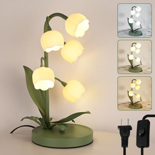 Flower Table Lamp for Bedroom 3 Colors Flower Reading Light with 5 Lily of The Valley Cute Desk Lamp Bedside Lamps for Nightstands Home Decor Soft Reading Night Light for Bedroom Living Room Office