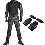 Combat Suit Military Paintball Clothing with Knee Pads & Elbow Pads for Men, Pants and Shirts Set (Black Camouflage, Small)