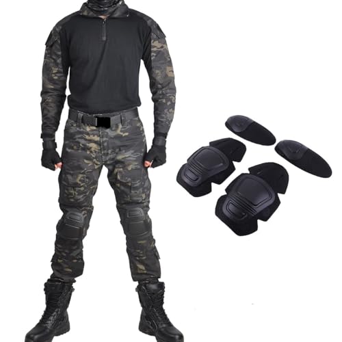 Combat Suit Military Paintball Clothing with Knee Pads & Elbow Pads for Men, Pants and Shirts Set (Black Camouflage, 3X-Large)