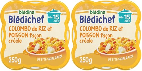 Blédina - Blédichef - Repas Bébé 15 Mois - Plat Bébé Colombo de Riz Poisson façon Créole - Petits Morceaux - 100% Ingrédients d'Origine Naturelle - Dès 15 Mois - 1 Assiette de 250g (Lot de 2)
