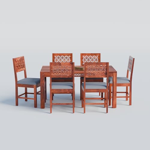 Image of Solid Sheesham Wood 6 Seater Dining Table Set | Six Seater Dinner Table with 6 Grey Cushions Chairs | Dinning Table Set 6 Seater for Living Room | Wooden Table & Chair Set | Honey Finish