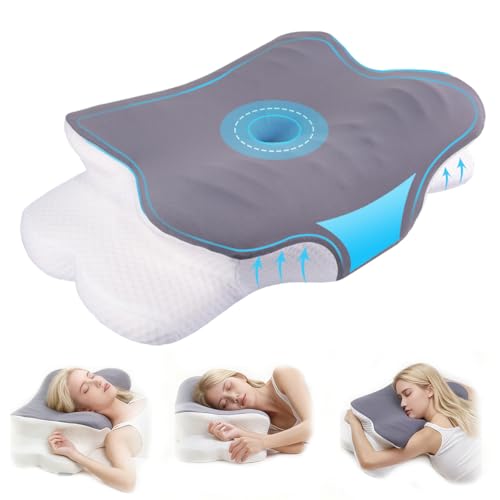Memory Foam Pillow Adjustable Butterfly Ergonomic Pillow Cervical Neck Pillow for Pain Relief Contour Ergonomic Orthopedic Support Bed Pillow for Side Back Stomach Sleepers Cooling Washable Cover
