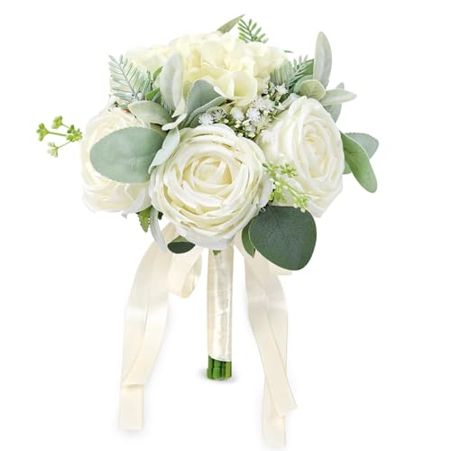 SEMONONIA Wedding Bouquets for Bride Bridesmaid 8.5 Inch Ivory White Artificial Roses Flowers Bridal Bouquets for Bride Wedding Marriage Proposal Party Church Decoration