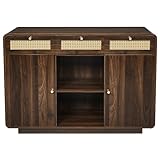 Design élégant à l'aspect noyer : cette commode combine un design rétro moderne avec une chaleur naturelle. Le corps de couleur noyer élégant est fini par des façades en rotin tressé et des poignées dorées. Les côtés légèrement arrondis confèrent au meuble une forme harmonieuse et en font un accroche-regard décoratif dans n'importe quelle pièce à vivre, que ce soit dans le salon, la chambre à coucher ou l'entrée.