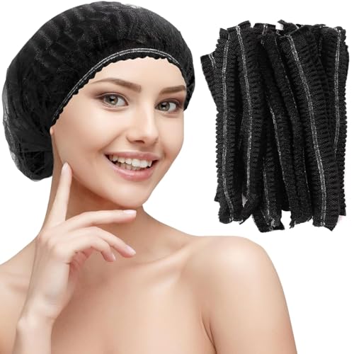 Image of Amazon Brand QWENOX Disposable Bouffant Caps Hair Net Cap 100 Pcs Elastic Mob Caps for Food Service, Medical Use, Sleeping Head Cover, Factory Warehouse Worker, Beauty (Black)