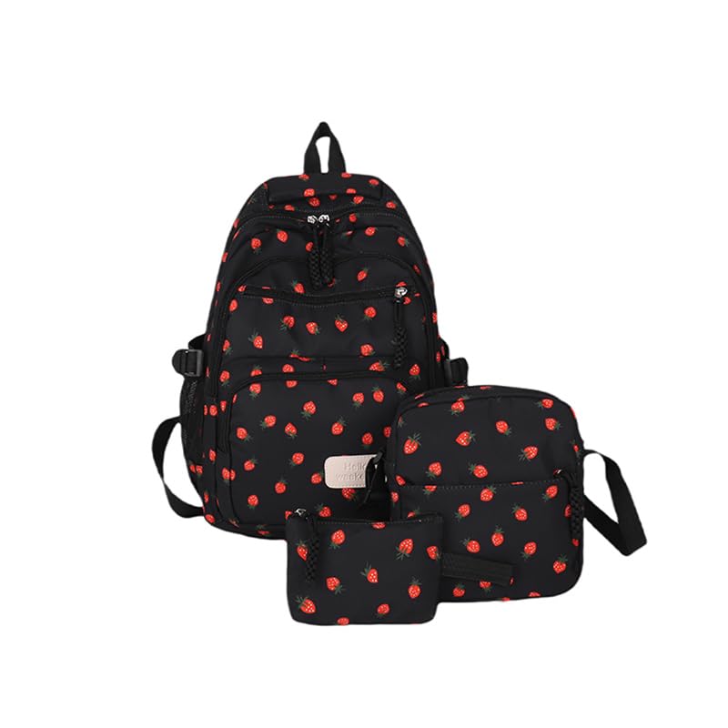 Bow Backpack for Women 3Pcs Set Kawaii Coquette Nylon Backpack Cute College Laptop Rucksack Fashion Travel Daypack 2025 New (Black Strawberry)