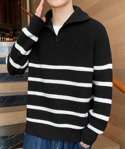 Men's Sweaters Quarter Zip Striped Knitted Pullover Mock Neck Fashion Thermal Polo Sweaters4