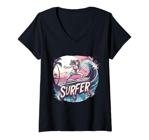Donna Surfer Girl - Tavola da surf da donna California Hawaii Maglietta con Collo a V