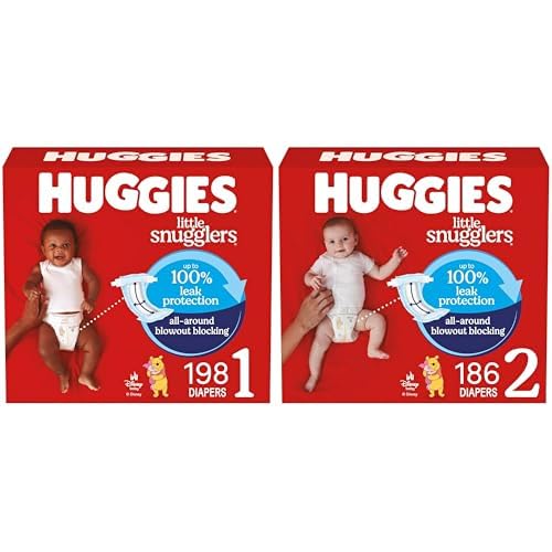 Image of Little Snugglers Bundle: Huggies Little Snugglers Baby Diapers, Size 1 (8-14 lbs), 198 Count & Huggies Little Snugglers Baby Diapers, Size 2 (12-18 lbs), 186 Count
