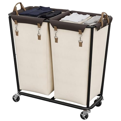 Image of StorageWorks 2 Section Laundry Hamper, 330L Extra Large Beige Rolling Cart | Laundry Basket with Wheels, Beige Sorter Cart, Rolling Organizer for Hotel, Bathroom
