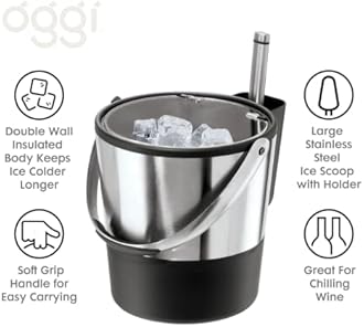 Oggi Insulated Ice Bucket, 4 Quart / 3.8 L, Stainless Steel, Black.