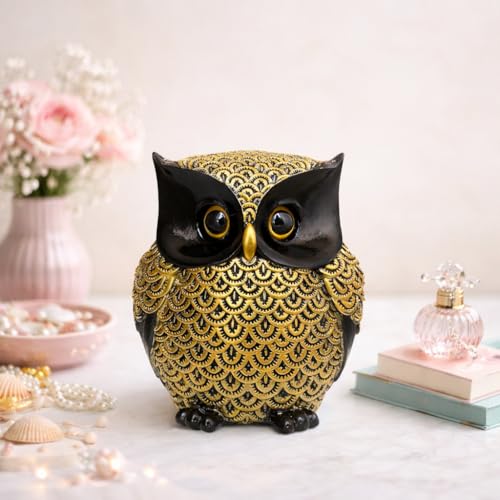 Image of Xtore Modern Classy Lucky Owl Resin Art Figure Showpiece (Pack of 1, Black and Golden)