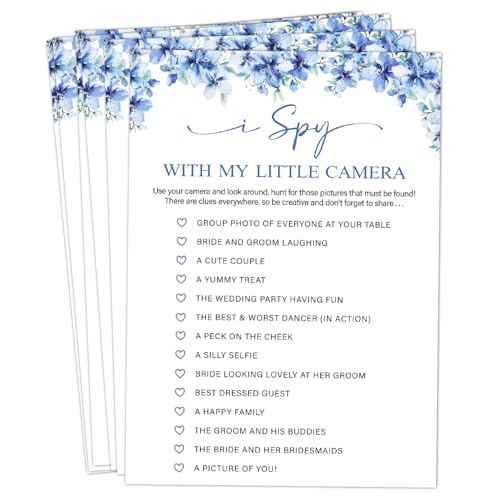Image of I Spy with My Little Camera Bridal Shower Games, 25 Blue Floral Wedding Shower Game Cards Set, Engagement Party Game for Guests, Wedding Games for Reception, Minimalist Marriage Party Supplies-08