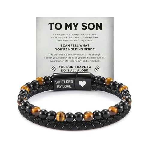 The Guardian - Son's Tiger Eye Protection Bracelet for Men, To My Son Bracelet from Mom Leather Black Beaded Bracelet, Handmade Cuff Inspirational Jewelry for Gift for Christmas Birthday