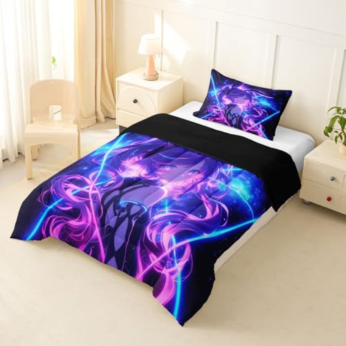 Image of Erosebridal 3D Anime Kids Bedding | Japanese Girl Twin Comforter Sets,Girly Galaxy Stars Comforter Purple Neon Duvet Insert with 1 Pillow Case