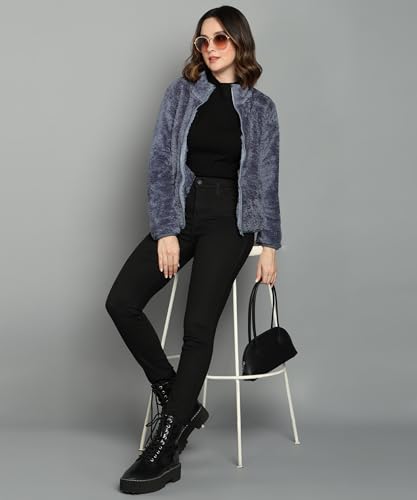 Image of Alan Jones Clothing Women's Fluffy Yarn Fleece Full-Zip Jacket | Soft Lightweight Warm Outerwear with Stand Collar & Piping at Hem & Cuffs