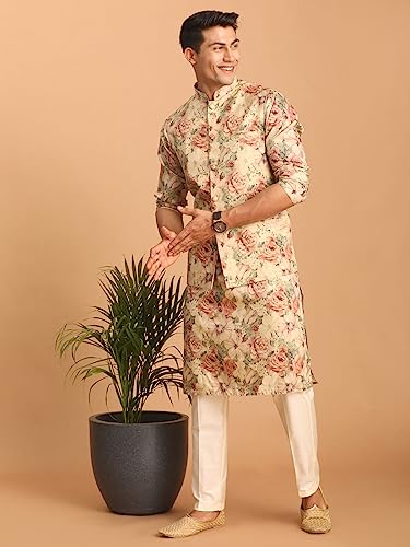 Image of VASTRAMAY Men's Multicolor Base Silk Blend Jacket, Kurta and Pyjama Set || Classic Flower Print Nehru Jacket with Kurta and Pyjama - Perfect for Festive Occasions