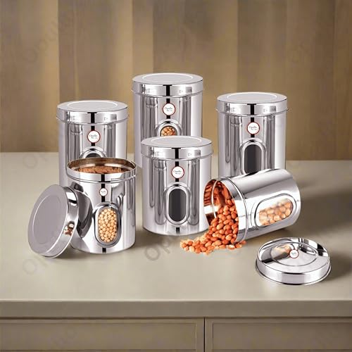 Image of Opullo Stainless Steel See Through Containers for Kitchen | Mirror Polished Stainless Steel Containers With Lid and Transparent Window | Multipurpose Dabba Set for Kitchen | Pack of 6 | 750 Gms