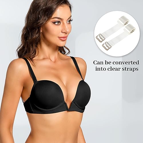 Image of YBCG Plunge Bra with Clear Back Straps Backless Deep V Convertible Push up Padded Add 2 Cup Low Cut Underwire for Women