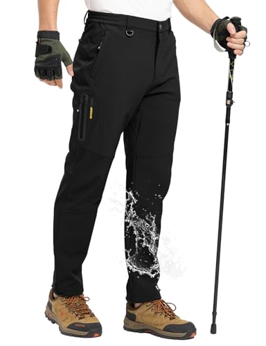 TBMPOY Calças de neve masculinas forradas com lã para caminhadas, inverno, impermeável, softshell, esqui, isolamento externo, calças de escalada, bolsos com zíper, Preto, 42