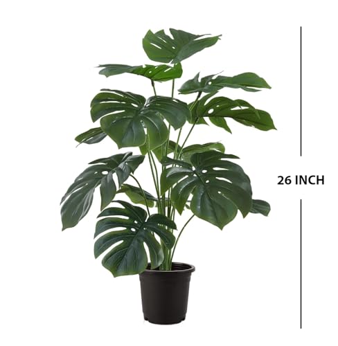 Aavana Greens Artificial Monstera Plants Rubber Leaves Faux Turtle Leaf Fake Tropical Large Palm Tree Green Leaves Outdoor Leaf Decorations | 18 Leaves Plants | 26Inch Plants | with Blackpot