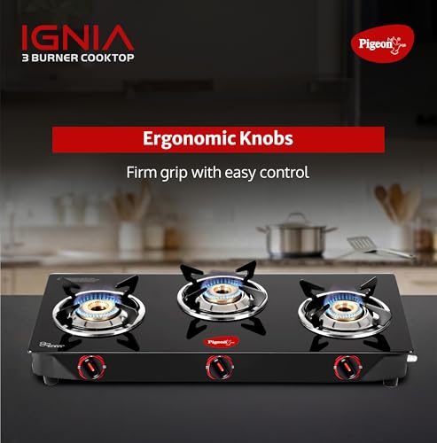Image of Pigeon Ignia 3 Burner Gas Stove | Brass Burner | Easy Cleaning | Toughened Glass | 2 year Warranty