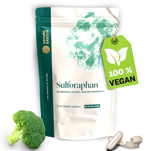 Sulforaphan Kapseln hochdosiert | 180 Brokkoli Kapseln | 1 Kapsel täglich | 50 mg reines Sulforaphan | Hochwertig gewonnen aus Brokkoli Extrakt | Vegan, Zertifiziert & Nachhaltig