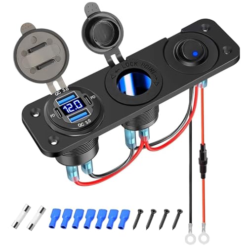 Cargador Mechero Coche 3 en 1 con Tipo C PD y QC3.0 Toma USB Coche Encendedor de Cigarrillos Voltímetro de LED y Impermeable Interruptor para Moto Camión Barco Marina