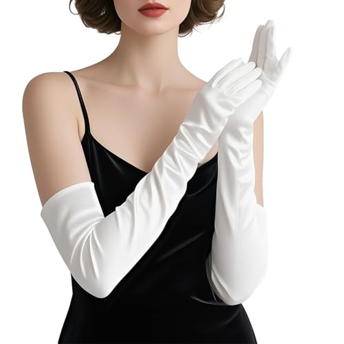 THARAHT Women Long Gloves with Satin Elbow Length for 1920s Opera Tea Party Costumes Bridal Evening Dress White