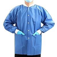 JMU 50 Pack Disposable Lab Jackets Medium, SMS Disposable Medical Coats for Men and Women, Knit Cuffs Collar, 3 Pockets (Blue)