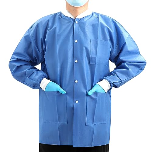 Image of JMU 10-100 Pack Disposable Lab Coats, SMS Disposable Medical Jackets | Disposable Lab Coats for Men and Women, Knit Cuffs Collar, 3 Pockets