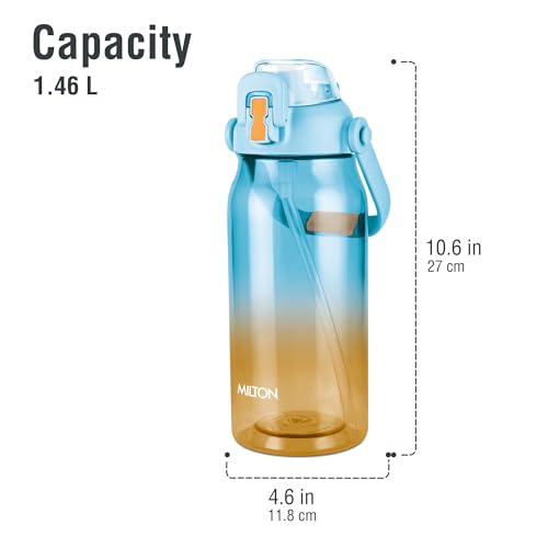 Image of MILTON Juwel 1500 Premium Crystal Clear Unbreakable Material Sipper Water Bottle|BPA Free|One-Touch Open|Leak-Proof|Sturdy Handle Cum Mobile Holder|Ideal for Office, School, Gym, 1460ml,Turquoise Blue