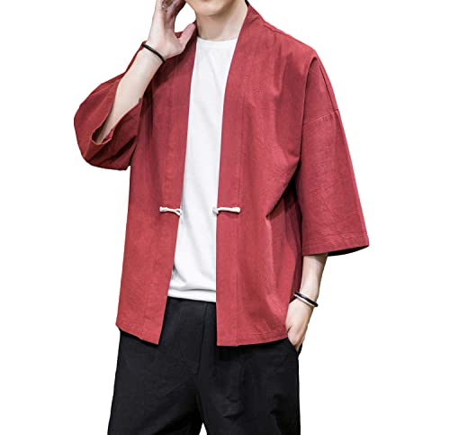 Image of Mens Kimono Cardigan Cotton Linen Japanese Shirt 3 /4 Sleeve Haori Yukata | Skin-Friendly Solid Color Lightweight Shawl Collar Kimono Robe Embroidery Button Tie Pockets Happi Coat All Season Daily Wear