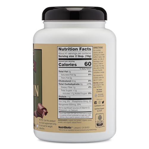 Image of NutriBiotic Certified Organic Rice Protein Chocolate, 22.9 Oz | Low Carbohydrate Vegan Protein Powder | Raw, Certified Kosher & Keto Friendly | Made Without Chemicals, GMOs & Gluten | Easy to Digest