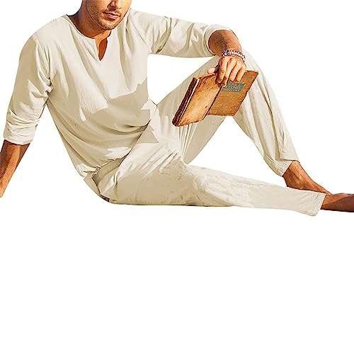 SANSIWU 2-teiliges Herren-Set aus Baumwoll-Leinen, lässig, einfarbig, langärmelig, Henley-Hemd und lockere Hose mit Kordelzug, Sommer-Strand-Outfits, A-Kaki, XXL