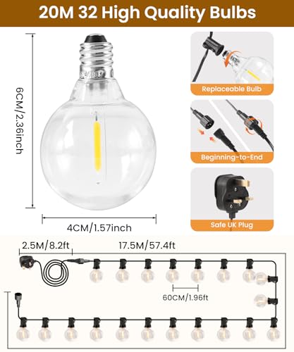 ZYRIVON Outdoor Lights Mains Powered, 20M/66Ft 30+2 LED Garden Lights, Shatterproof Waterproof Outside Lights, Warm White String Lights for Garden, Yard, Wedding, Christmas, Gazebo, Fence, Roof, Party - Image 6