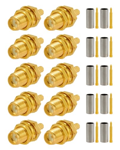 Vecys 10 PCS RP SMA Connectors RP SMA Female Bulkhead with Male Pin Crimp Connector for RG316 RG174 RF Coax Cable