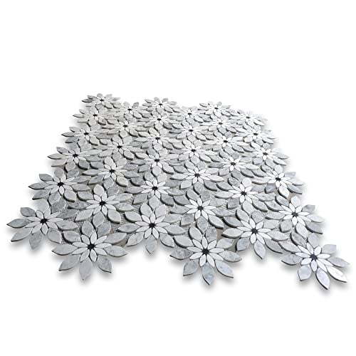 Stone Center Online Carrara White Marble Wildflower Rain Flower Waterjet Mosaic Tile w/Bardiglio Gray Nero Marquina Black Polished Kitchen Bath Wall Floor Backsplash Shower (1 Sheet)