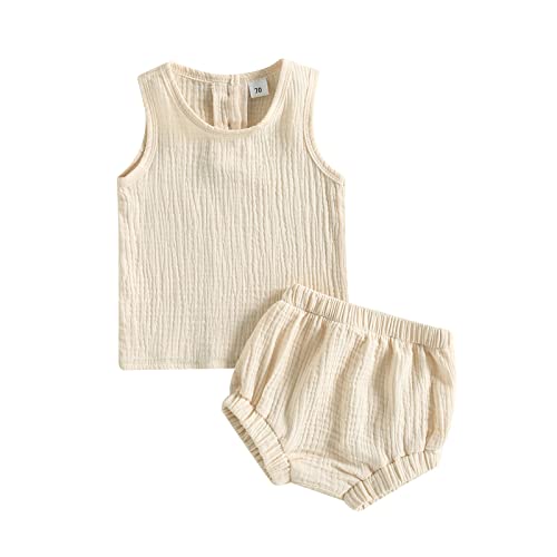 Image of MOREELUCK Baby Girl Summer Clothes Shorts Set 2PCS Soft Tank Top Camisole and Bloomers Short Bottoms Outfit Suit 0-24 Months (A Apricot, 0-6 Months)