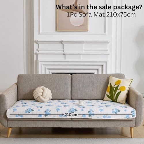 Image of HOMETHREADS Anti-Skid Sofa Protector Mat: Premium Printed Cotton Slipcover with Strong PVC Non-Slip Backing, (White Blue, 4 Seater | 210x75cm)