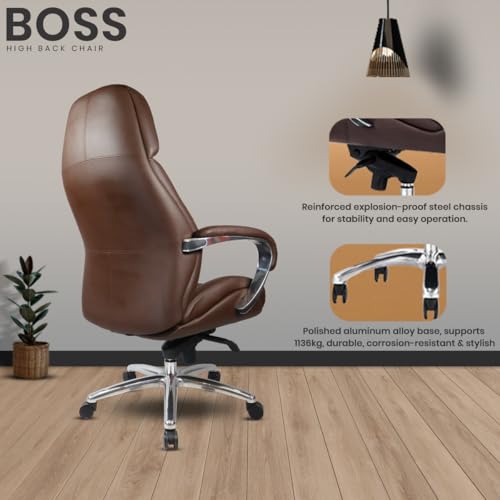 Image of Make My Chairs Boss High Back Ergonomic Leatherette Office Chair with 5 Star Strong Aluminium Base | Directors & MD Chairs | Executive Premium Chair (Brown,3 Years Warranty)