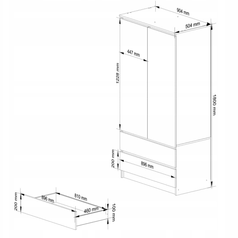 BDW Kleiderschränk 2 Türen, 4 Einlegeböden, Kleiderständer, 2 Schubladen, Garderobenständer, Schubladenschrank, Garderobenschrank für Schlafzimmer, Wohnräume, 180x90x51cm, (Weiß)