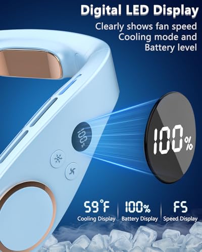 Image of FWV Neck Air Conditioner with Cooling Plate, 5500mAh 3-24H Working, 5-Speed Quiet 30dB, LED Display Personal AC, USB-C Bladless Wearable Cooling Neck Fans that Blow Cold Air for Men Women Kids Blue