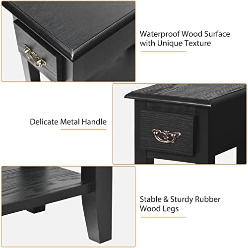 CASART 2/3-Tier End Table, Wooden Sofa Side Table with One Drawer and Storage Shelf, Narrow Nightstand Bedside Table for Office, Living Room, Bedroom (2-Tier, Black)